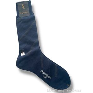 YSL Logo Men's Geometric Pattern YSL
Embroidery Dress Socks In Blue & Brown